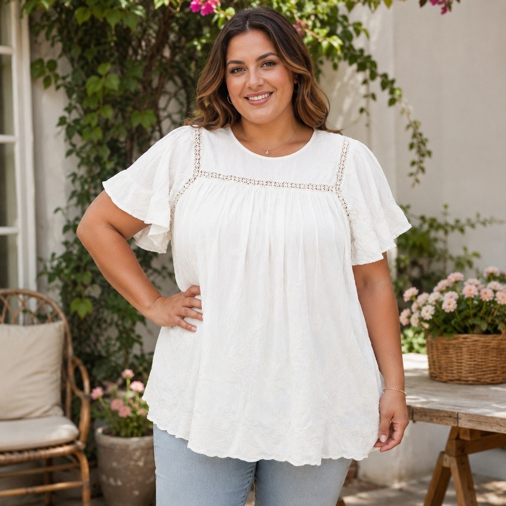 My Danielle Embroidered Top Womens XXL White Rayon Lace Trim Boho Peasant Blouse